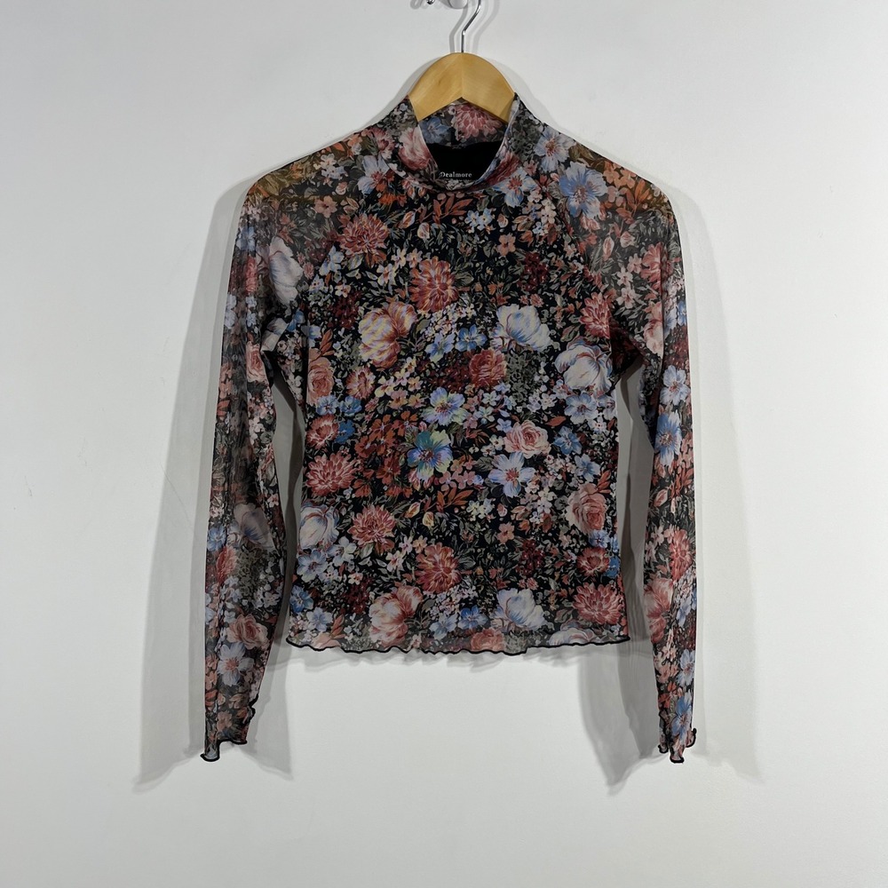 Dealmore Y2K Floral Mesh Mock Neck Top Sheer Fairy Grunge Women Small Whimsigoth